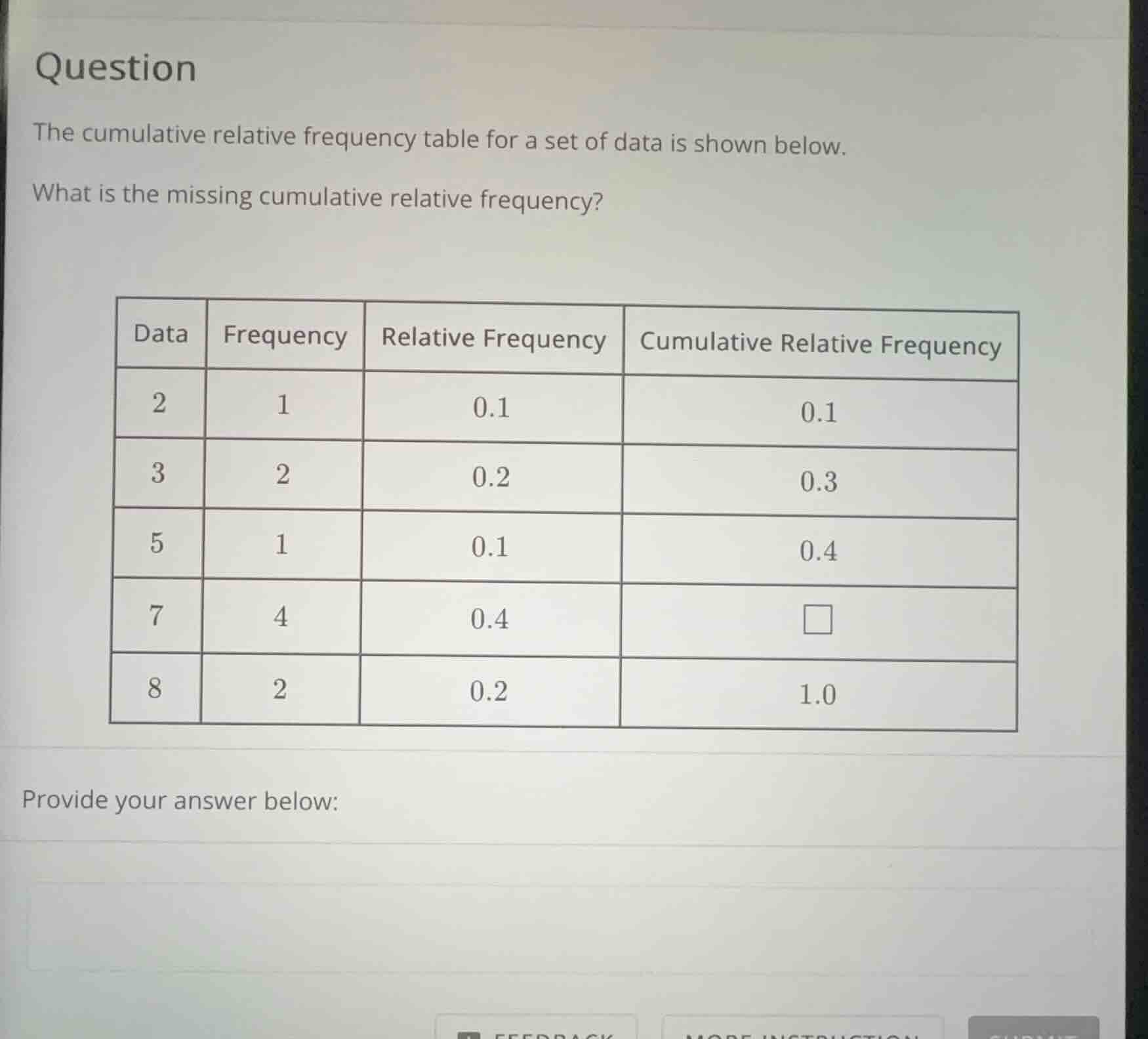 question the cumulative relative frequency table for a set of data is s…