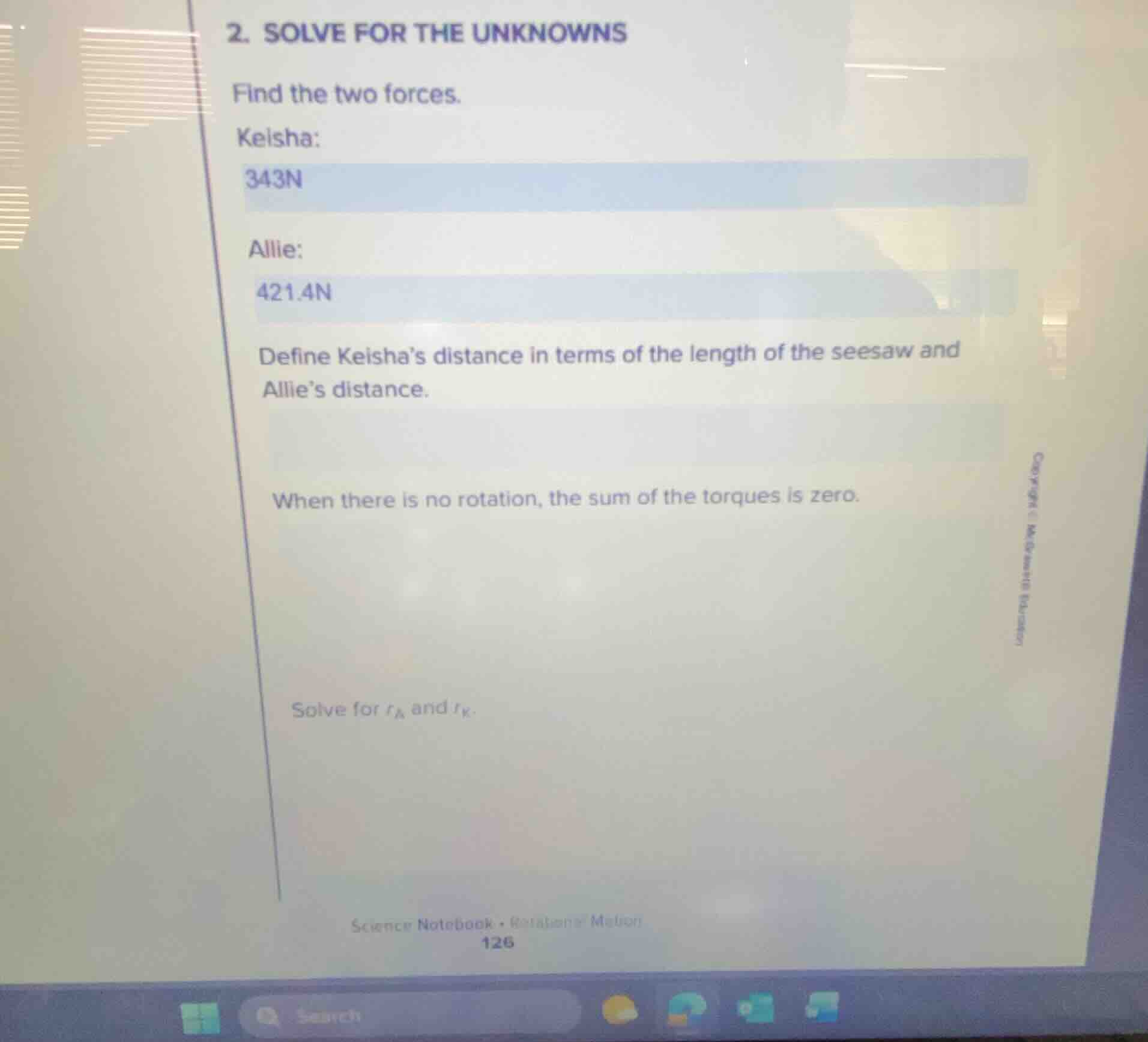 2. solve for the unknowns find the two forces. kelsha: 343n allie: 421.…