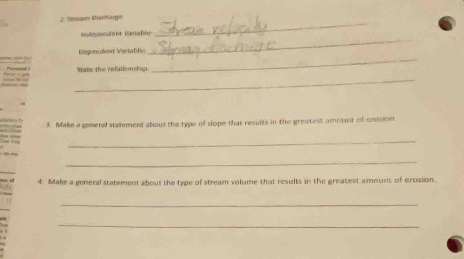 2 stream discharge independent variable: dependent variable: state the …