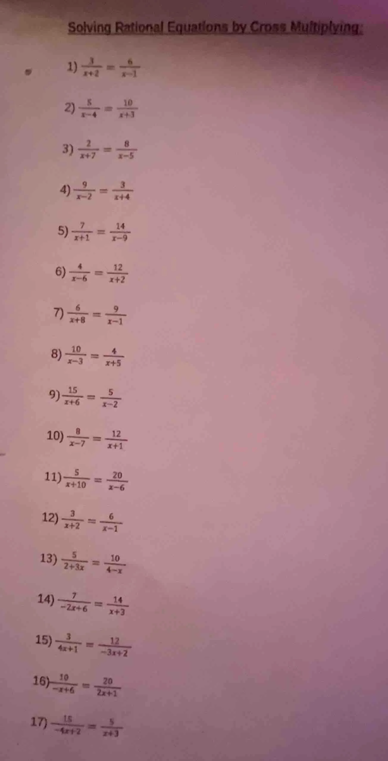 solving rational equations by cross multiplying: 1) \\(\\frac{3}{x + 2}…