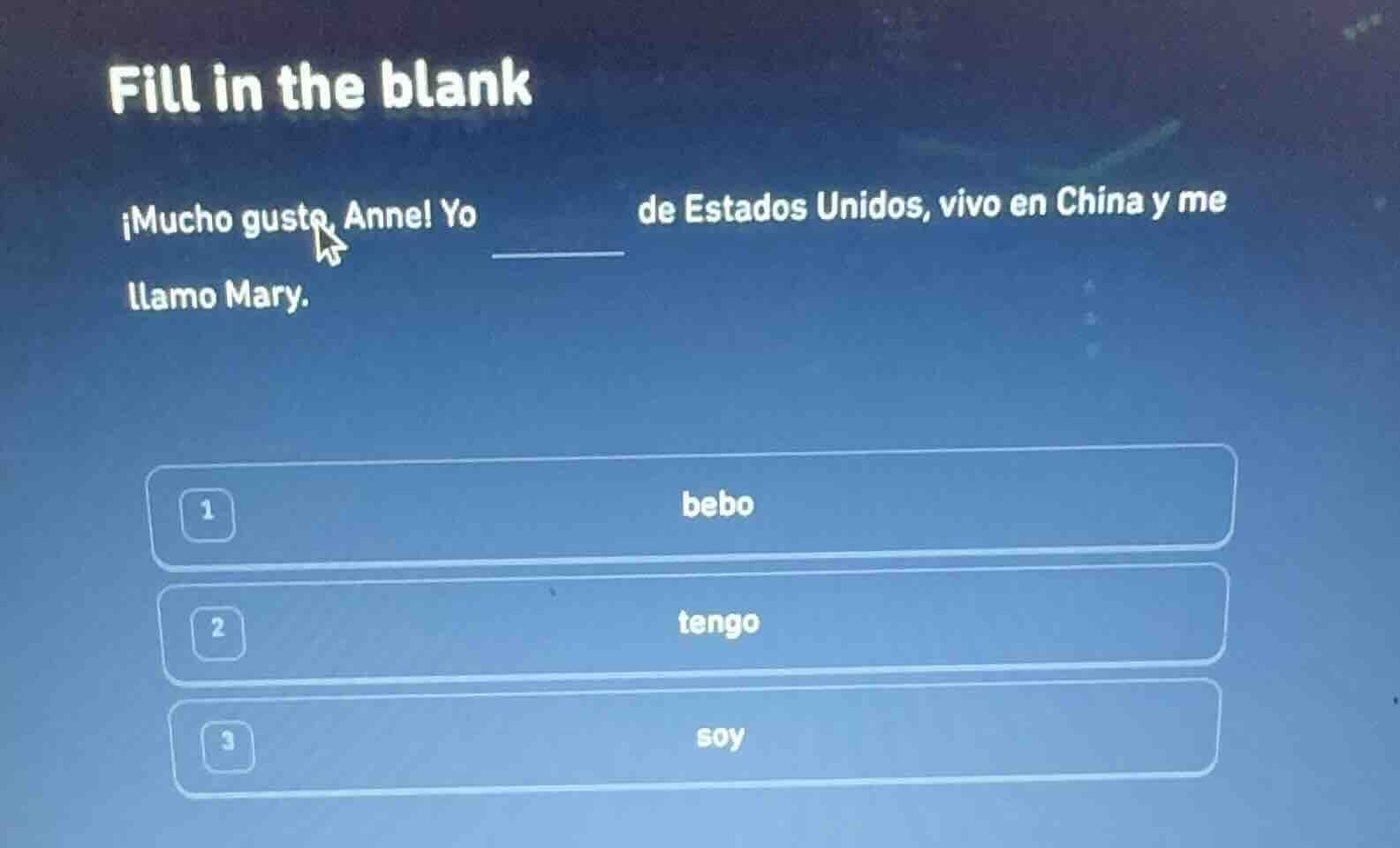 fill in the blank ¡mucho gusto, anne! yo ______ de estados unidos, vivo…