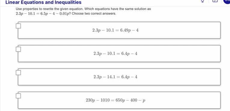 linear equations and inequalities use properties to rewrite the given e…