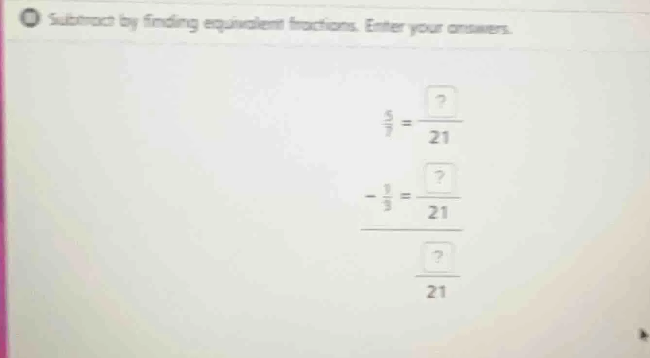 subtract by finding equivalent fractions. enter your answers. \\(\\frac…