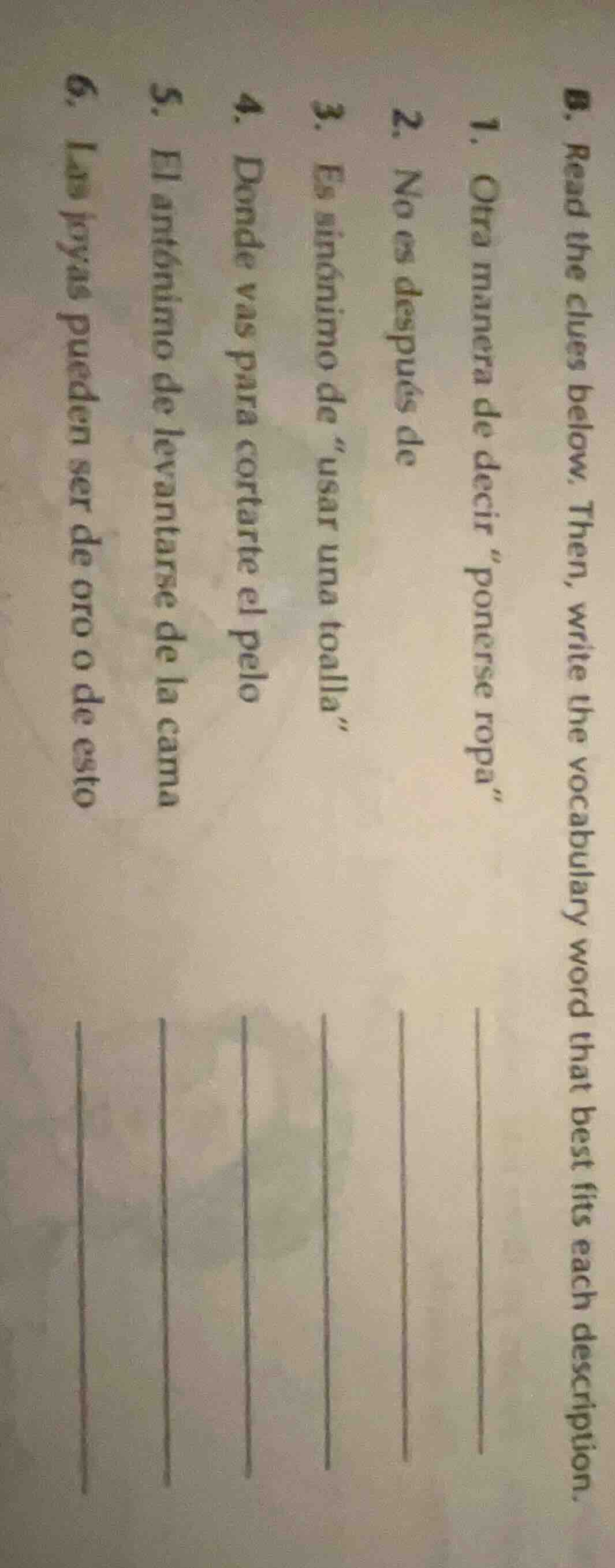b. read the clues below. then, write the vocabulary word that best fits…