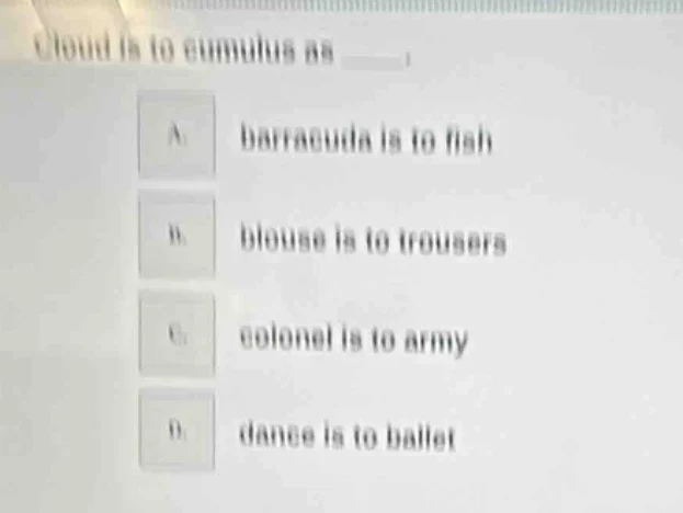 cloud is to cumulus as ____. a. barracuda is to fish b. blouse is to tr…
