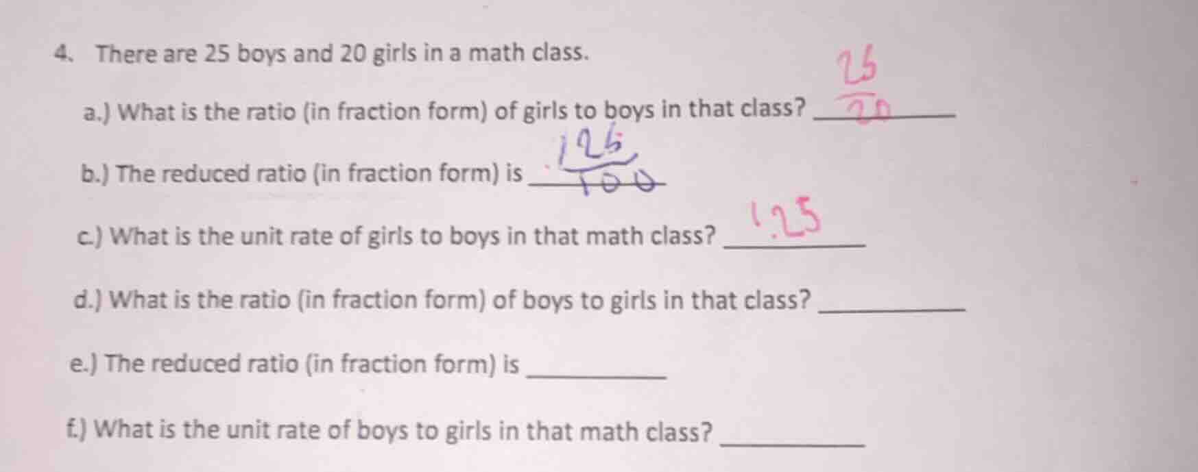 4. there are 25 boys and 20 girls in a math class. a.) what is the rati…