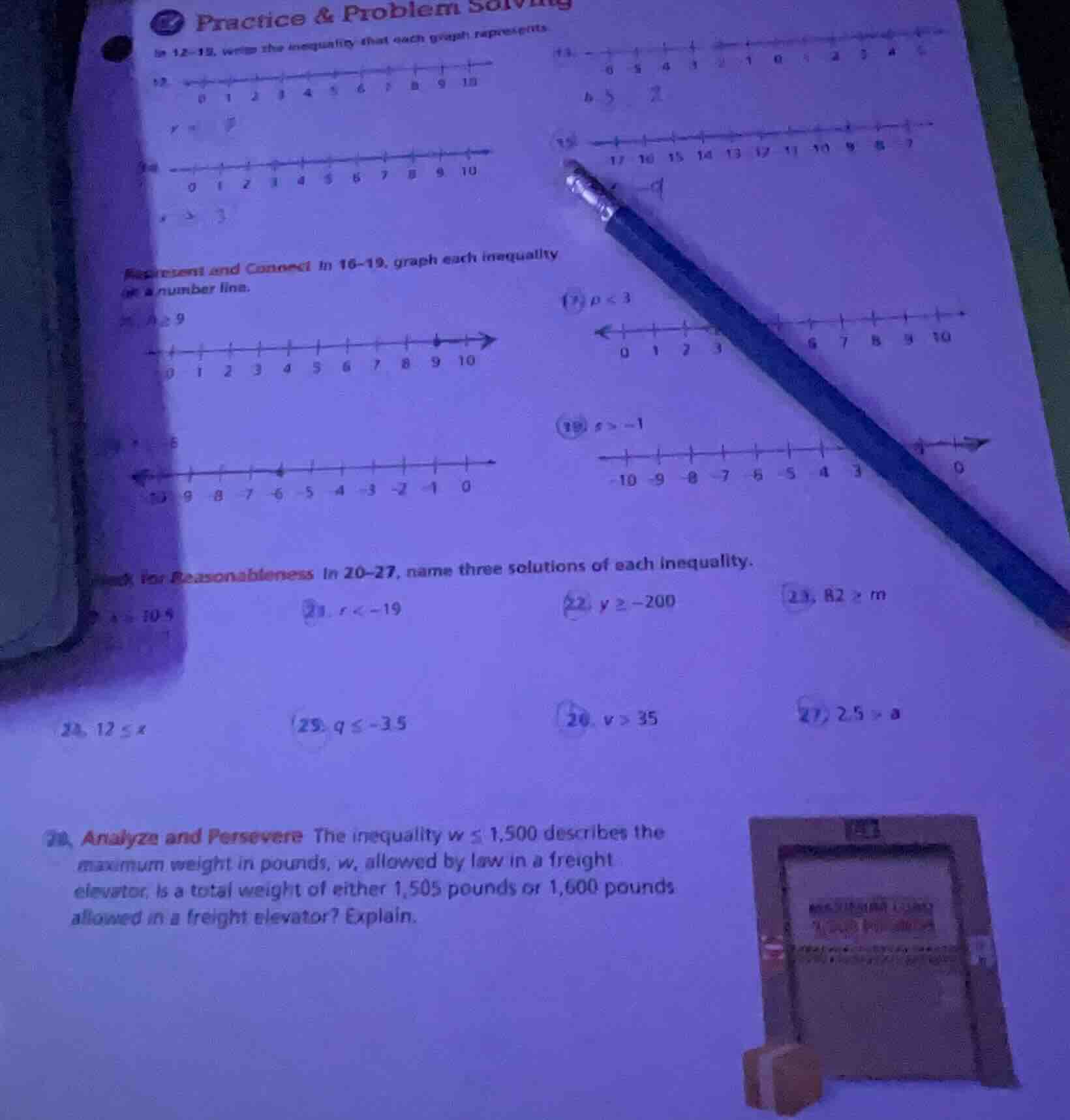 practice & problem solving 12 - 15, write the inequality that each grap…