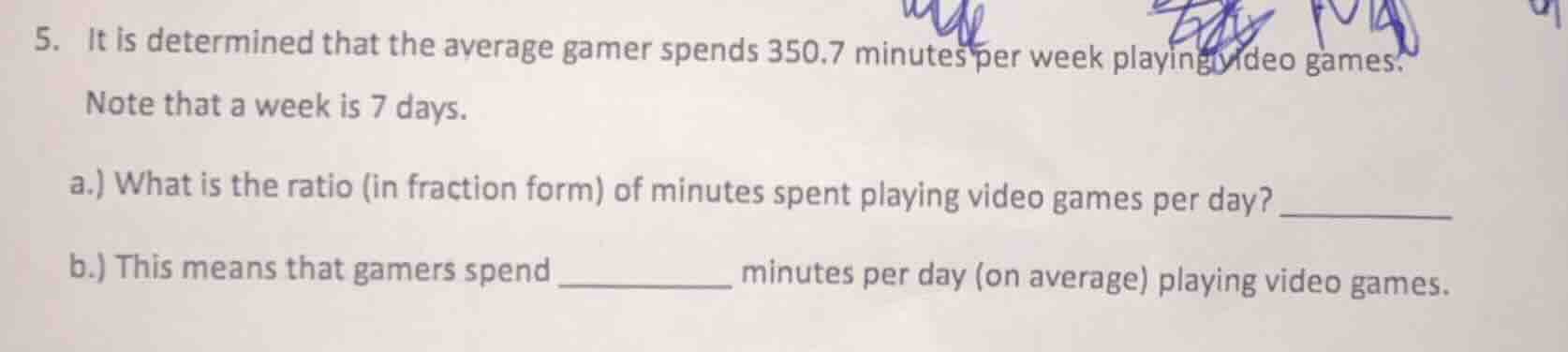 5. it is determined that the average gamer spends 350.7 minutes per wee…