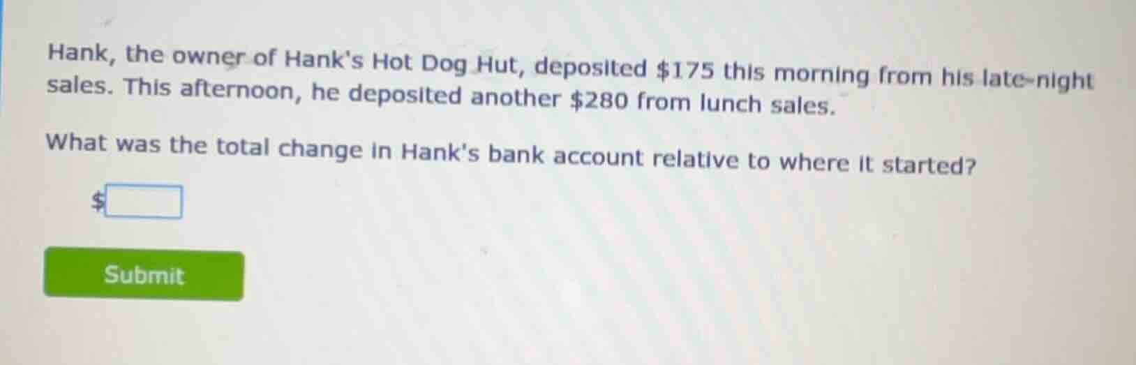 hank, the owner of hanks hot dog hut, deposited $175 this morning from …