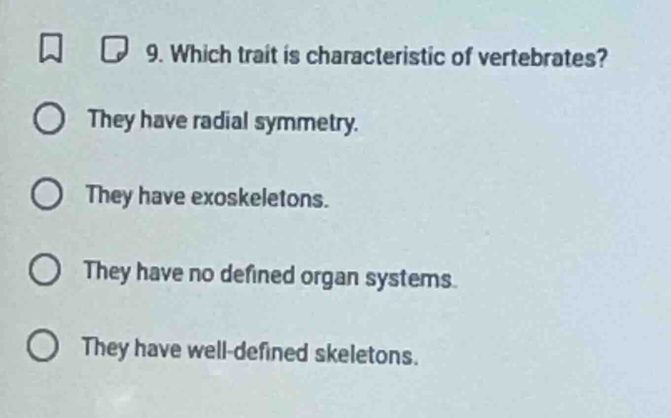 9. which trait is characteristic of vertebrates? they have radial symme…