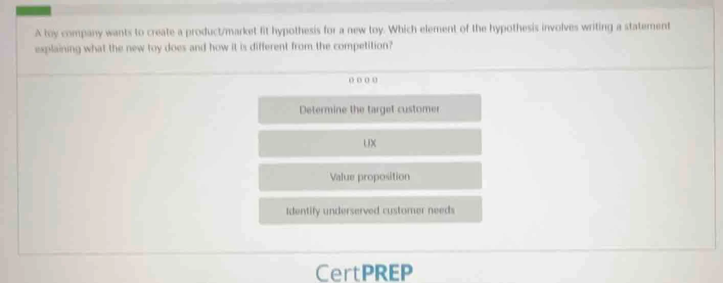 a toy company wants to create a product/market fit hypothesis for a new…