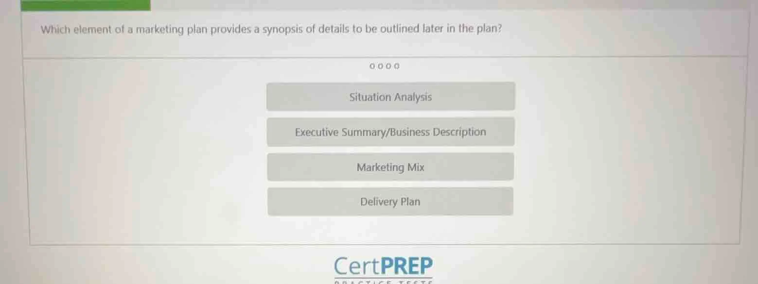 which element of a marketing plan provides a synopsis of details to be …