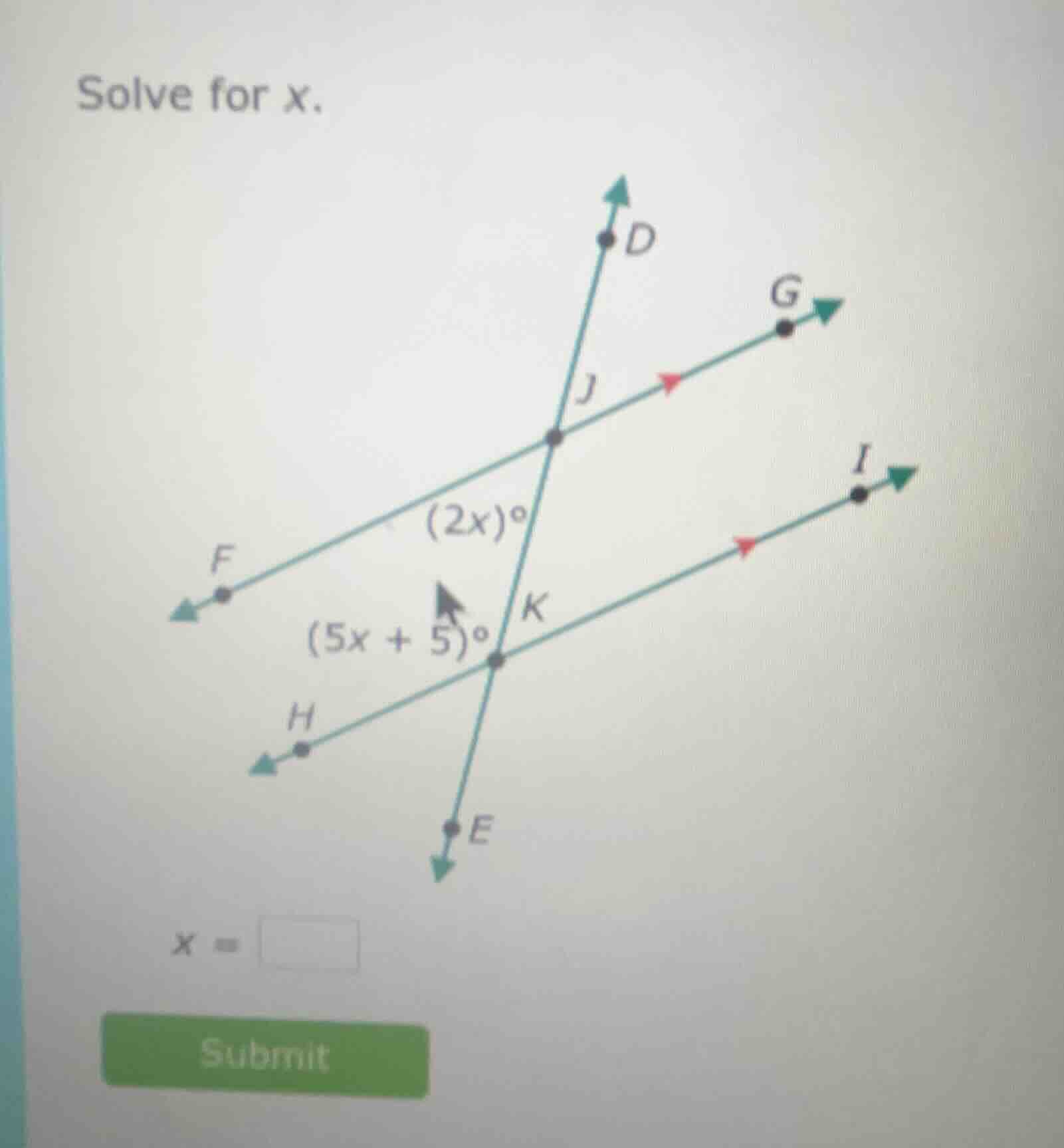 solve for x. (figure with lines and angles: (2x)°, (5x + 5)°) x = submit