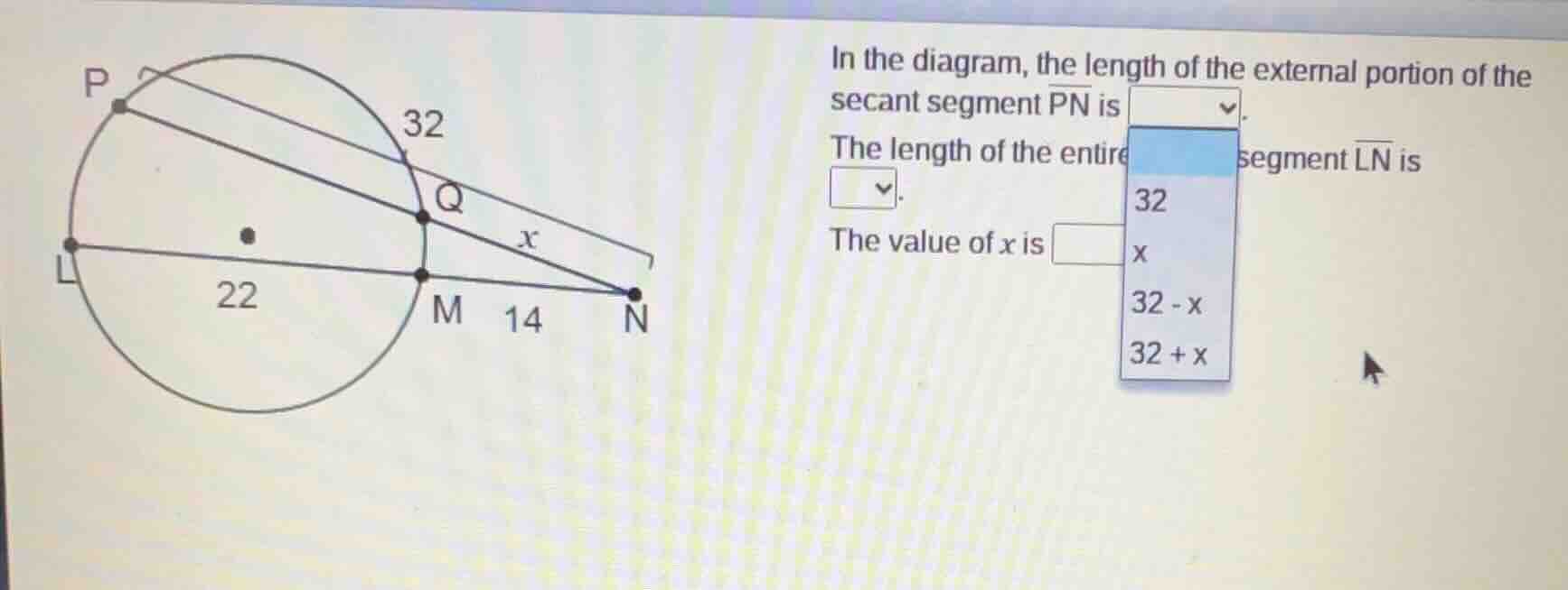 in the diagram, the length of the external portion of the secant segmen…