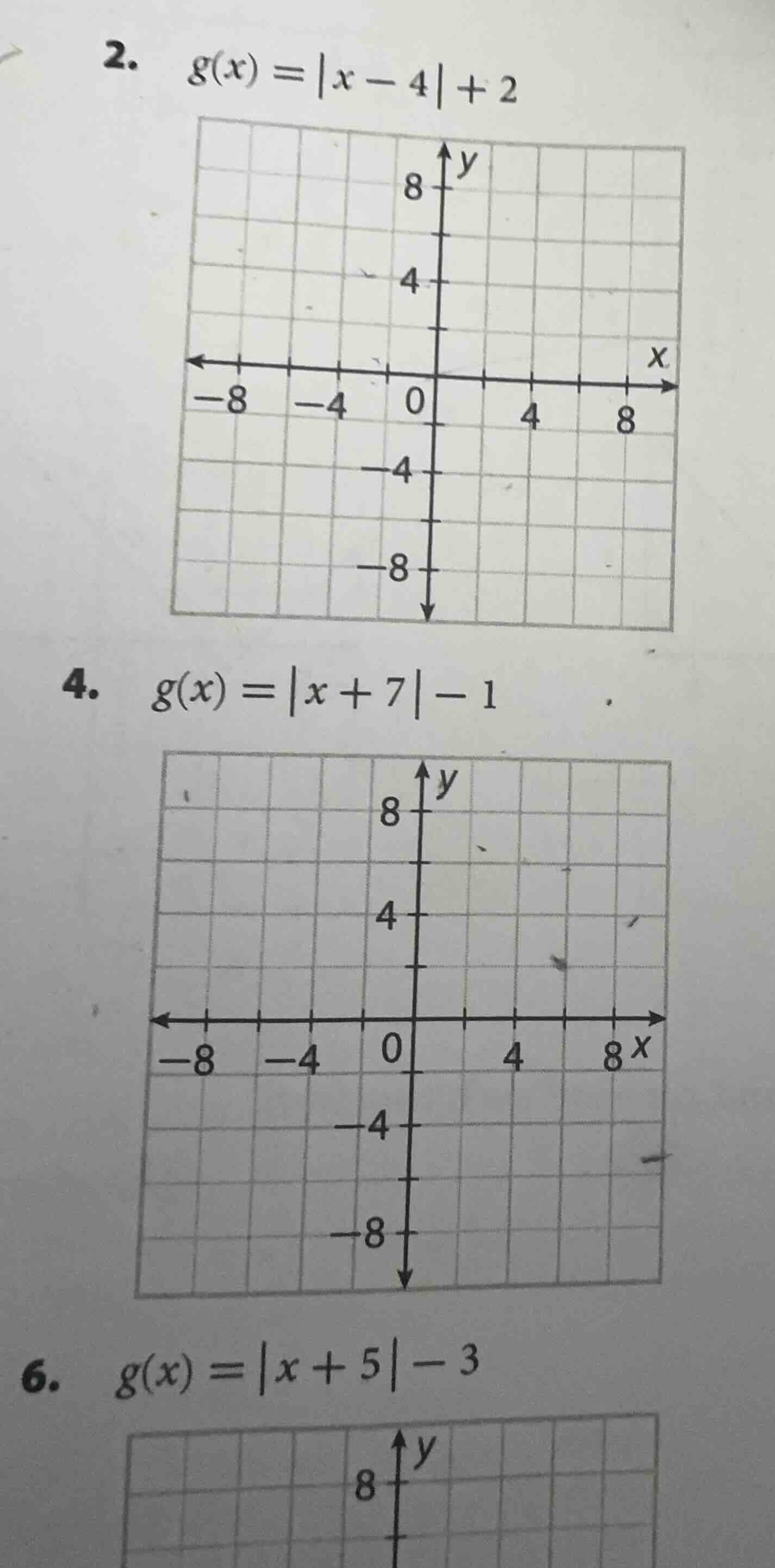 2. $g(x) = |x - 4| + 2$ 4. $g(x) = |x + 7| - 1$ 6. $g(x) = |x + 5| - 3$