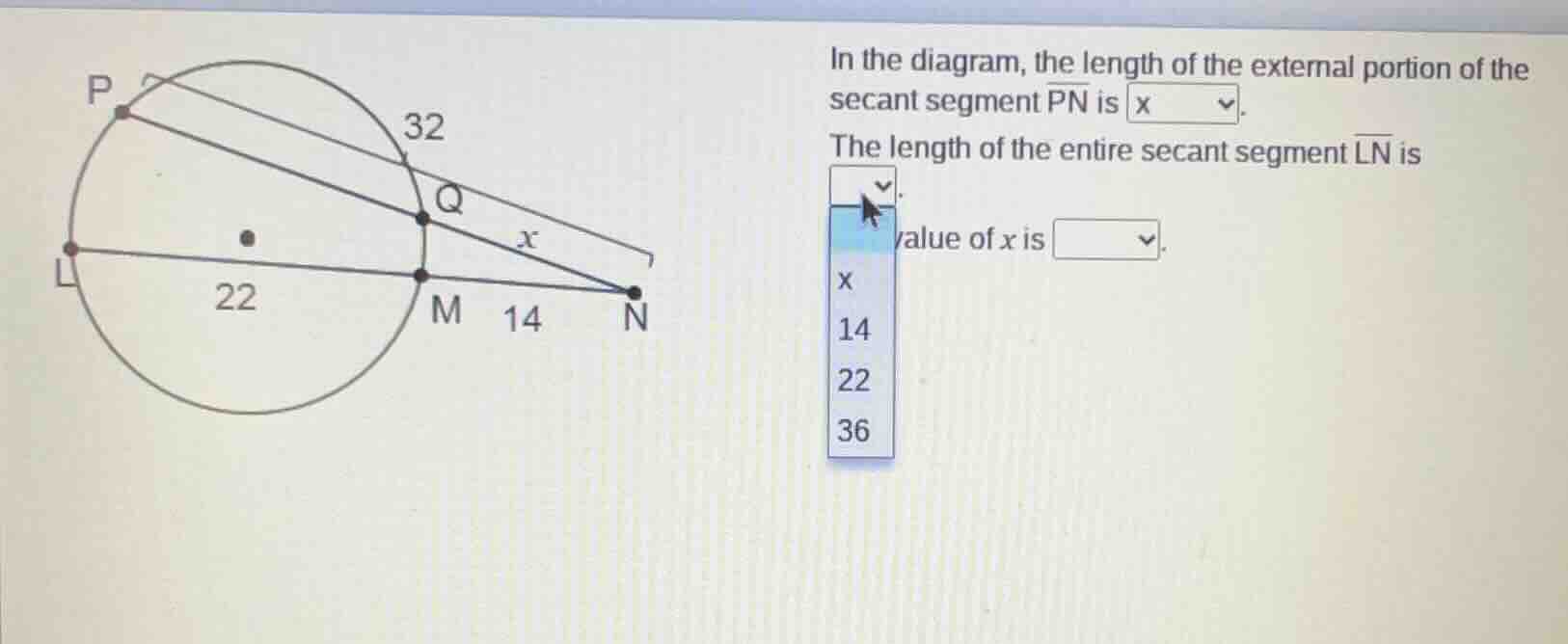 in the diagram, the length of the external portion of the secant segmen…
