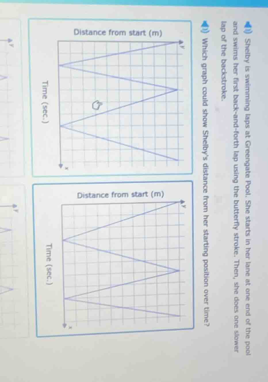 shelby is swimming laps at greengate pool. she starts in her lane at on…