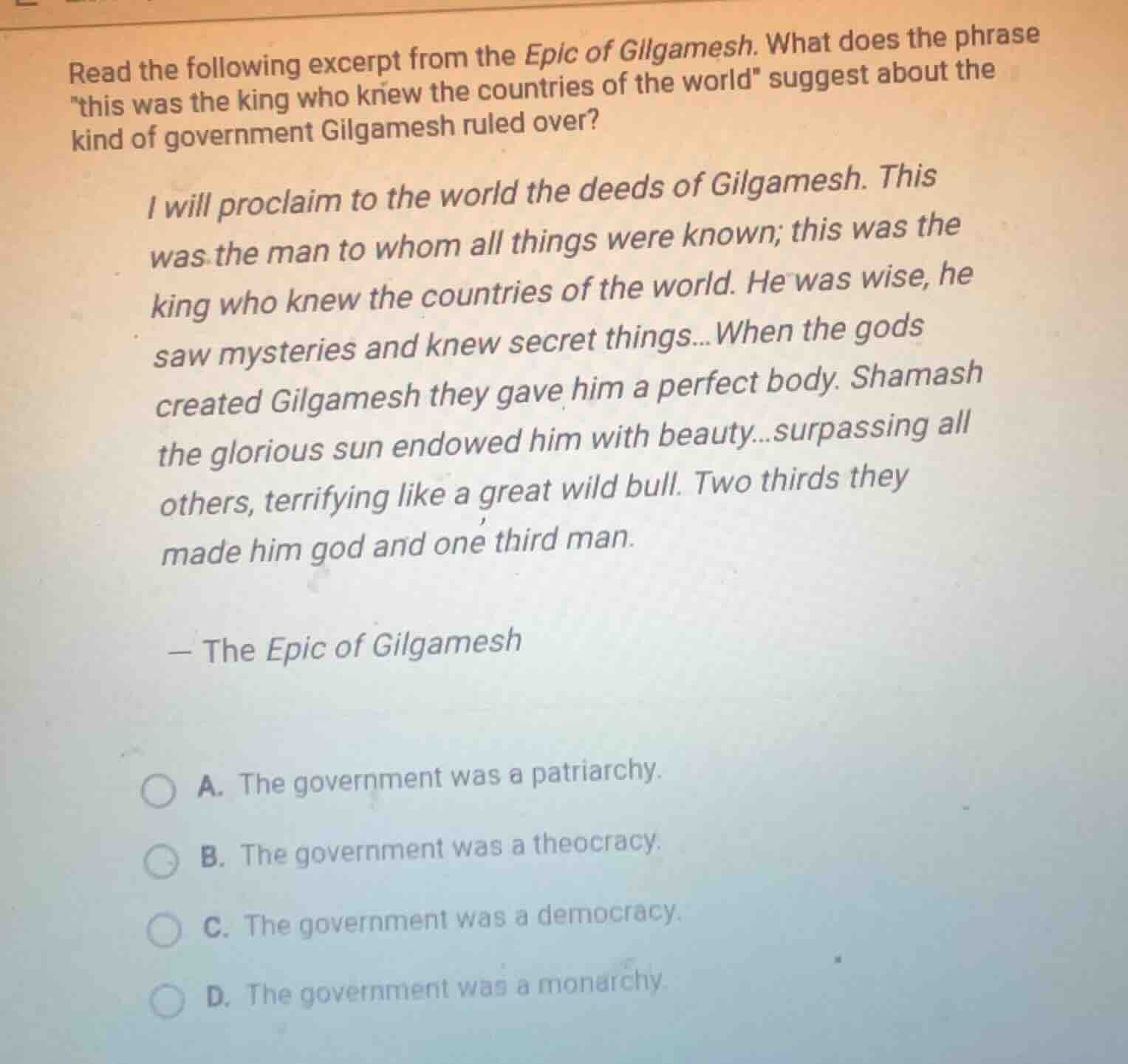 read the following excerpt from the epic of gilgamesh. what does the ph…