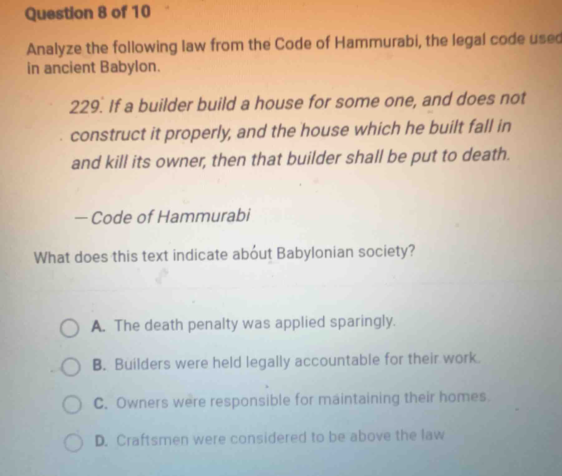 question 8 of 10 analyze the following law from the code of hammurabi, …