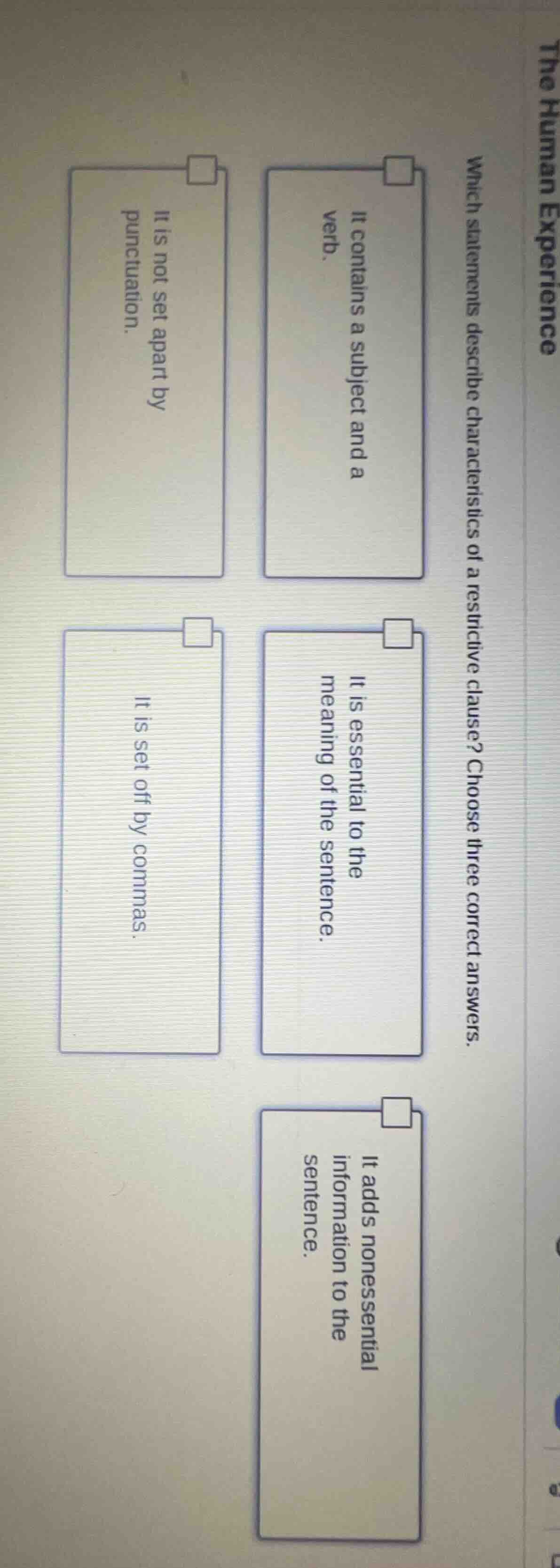 which statements describe characteristics of a restrictive clause? choo…