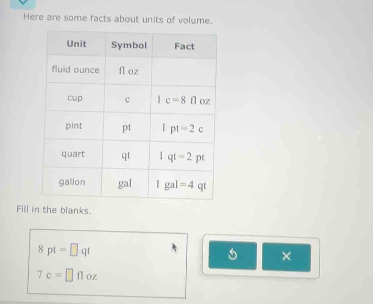 here are some facts about units of volume. unit\tsymbol\tfact fluid oun…