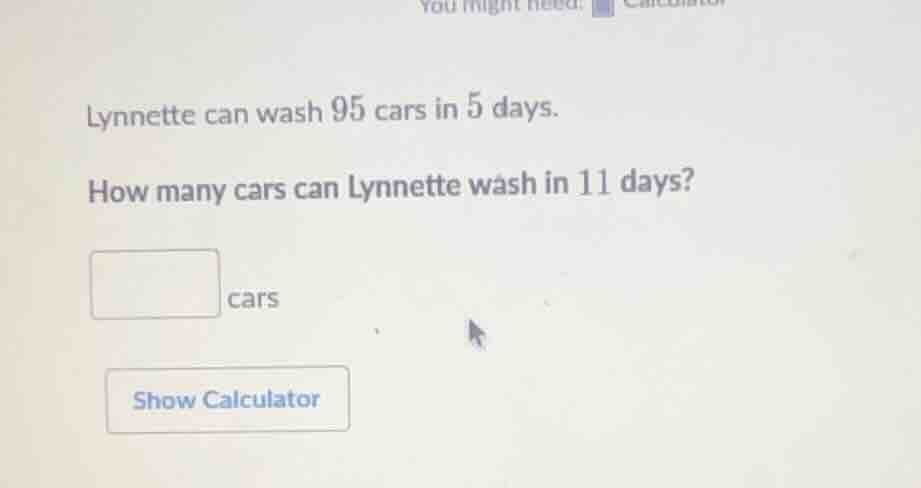 lynnette can wash 95 cars in 5 days. how many cars can lynnette wash in…