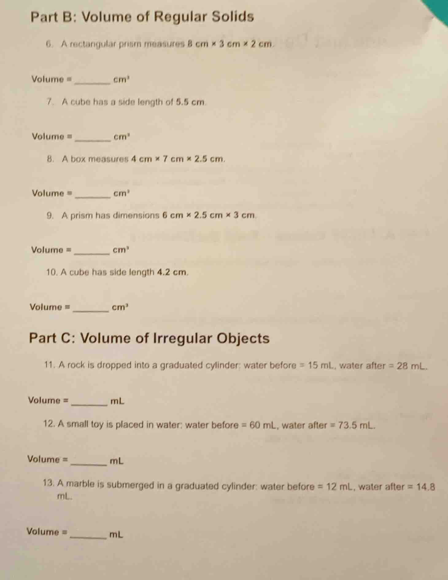 part b: volume of regular solids 6. a rectangular prism measures 8 cm ×…