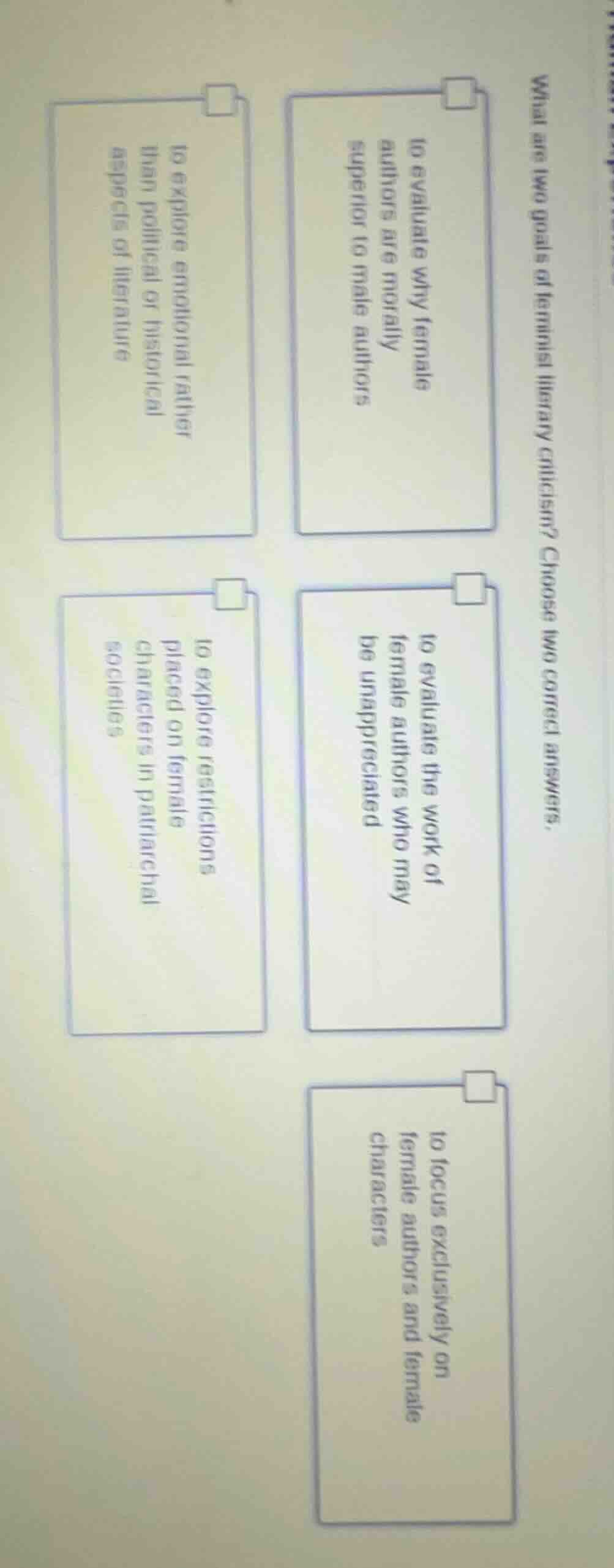 what are two goals of feminist literary criticism? choose two correct a…