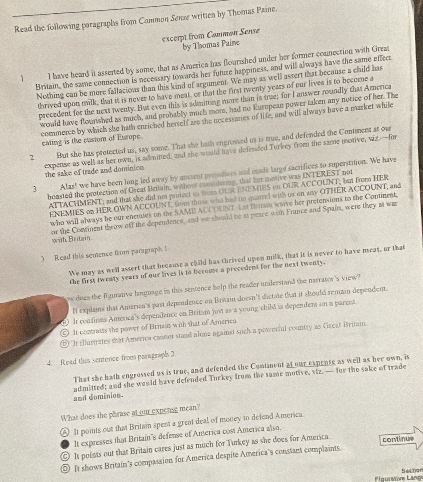 read the following paragraphs from common sense written by thomas paine…