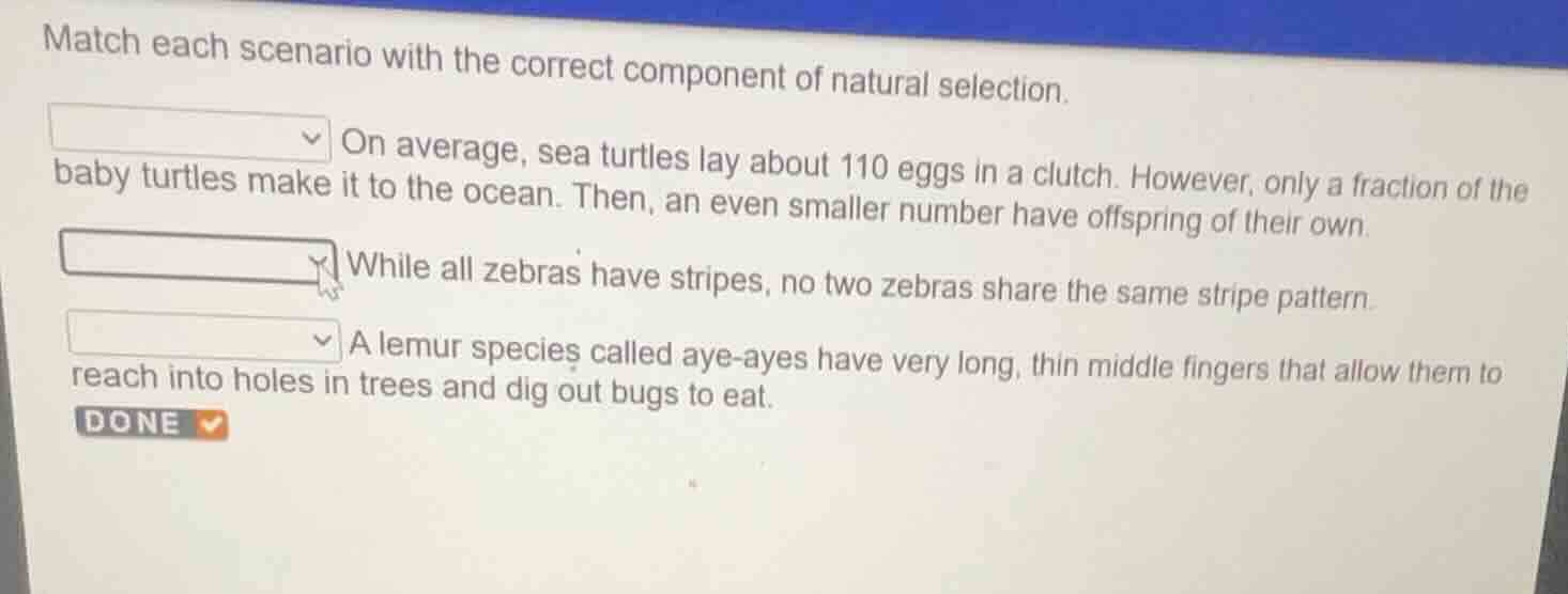 match each scenario with the correct component of natural selection. on…