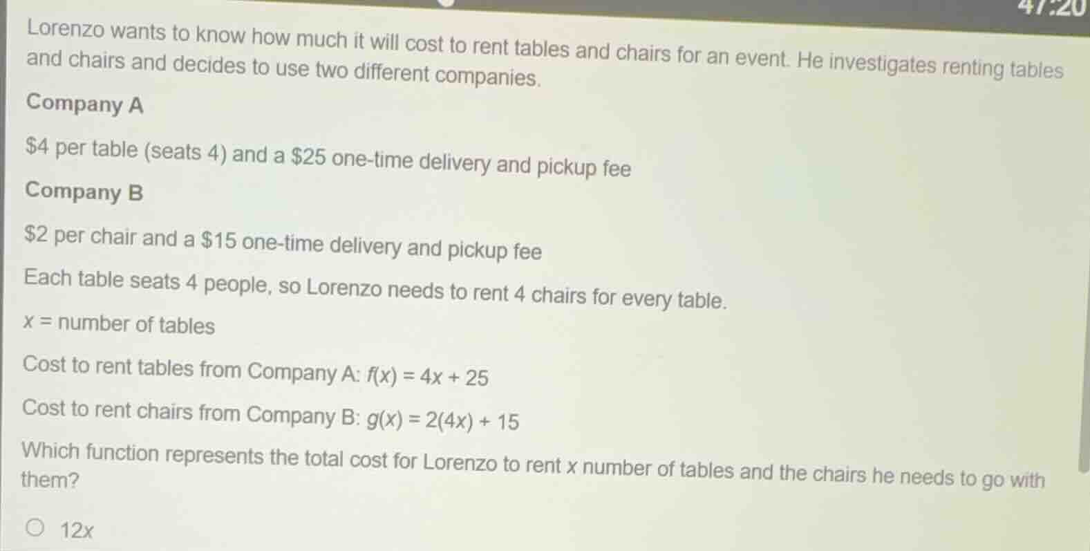 lorenzo wants to know how much it will cost to rent tables and chairs f…