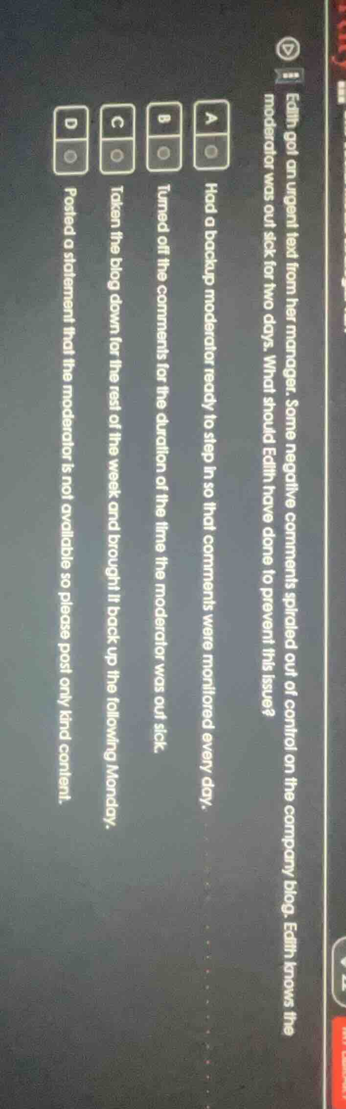 edith got an urgent text from her manager. some negative comments spira…