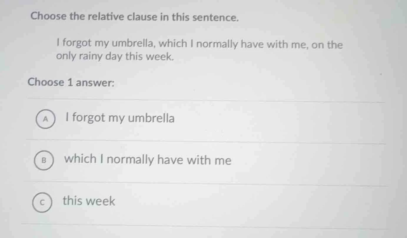 choose the relative clause in this sentence. i forgot my umbrella, whic…