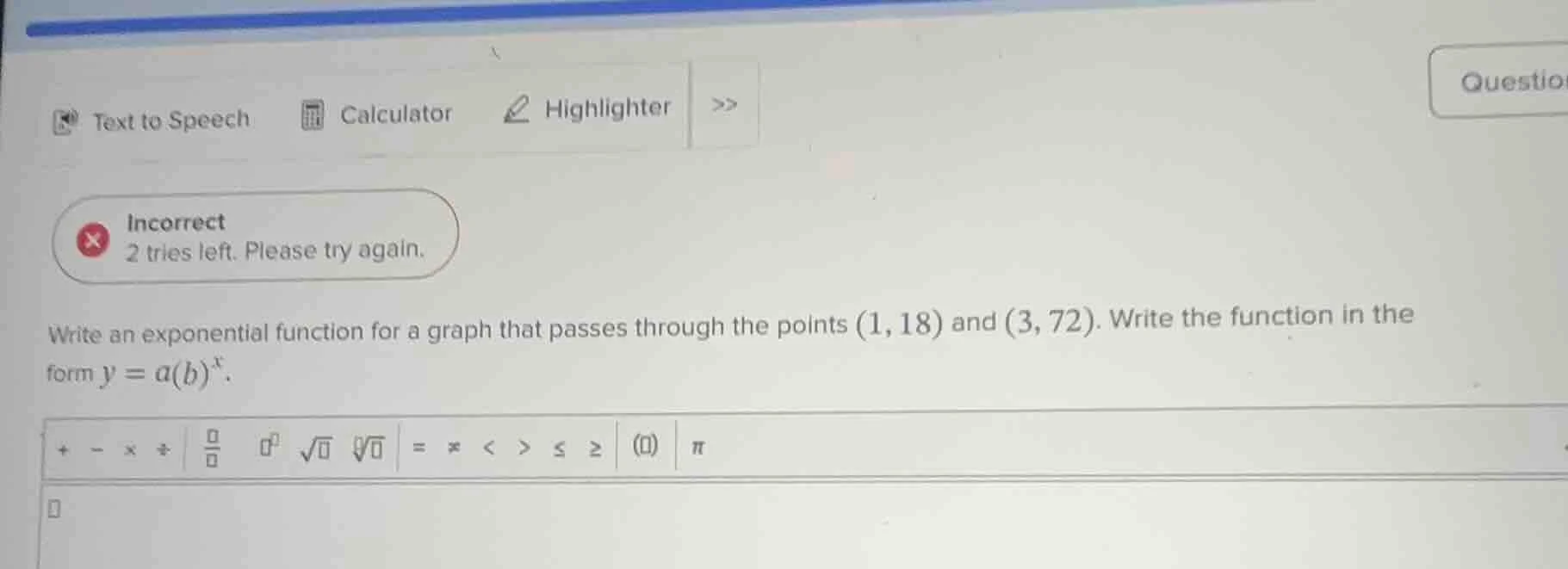 write an exponential function for a graph that passes through the point…
