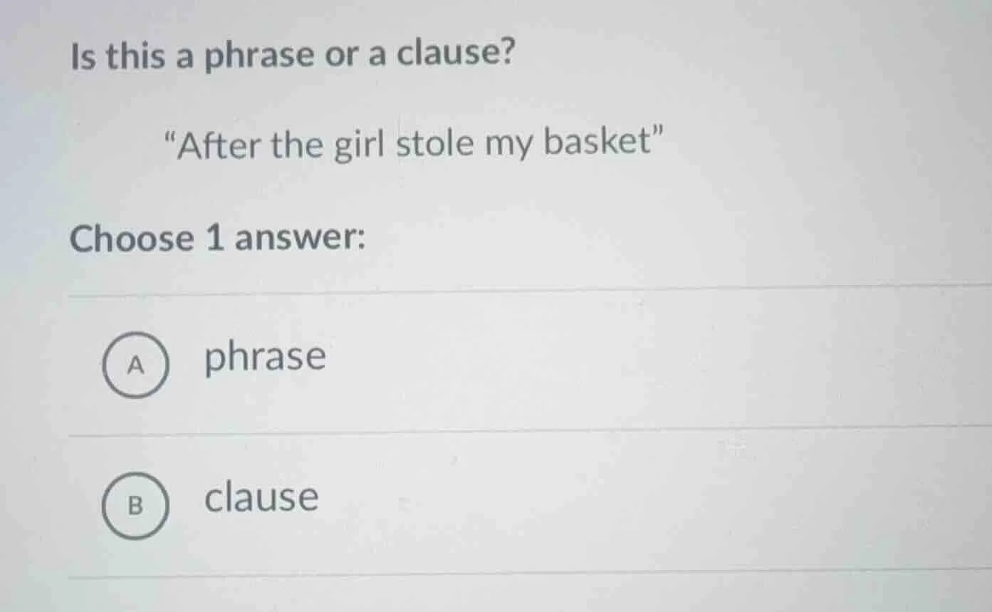 is this a phrase or a clause? \after the girl stole my basket\ choose 1…
