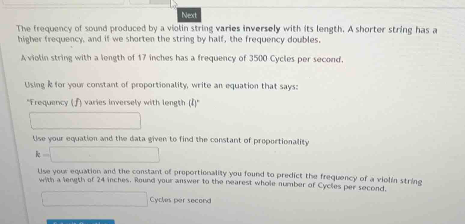 the frequency of sound produced by a violin string varies inversely wit…