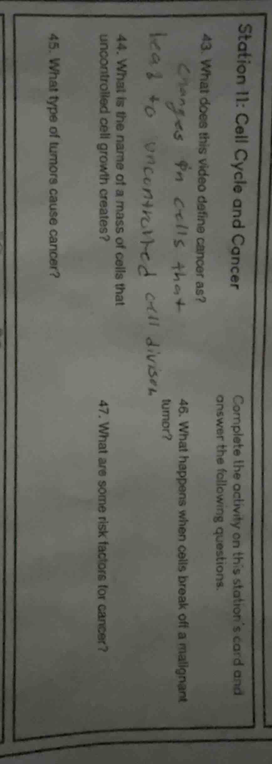 station ii: cell cycle and cancer complete the activity on this station…