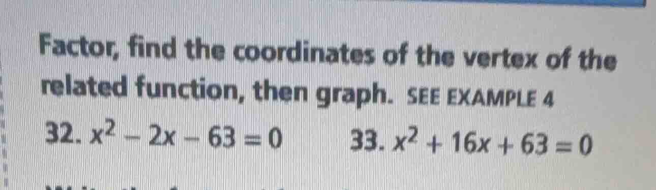 factor, find the coordinates of the vertex of the related function, the…