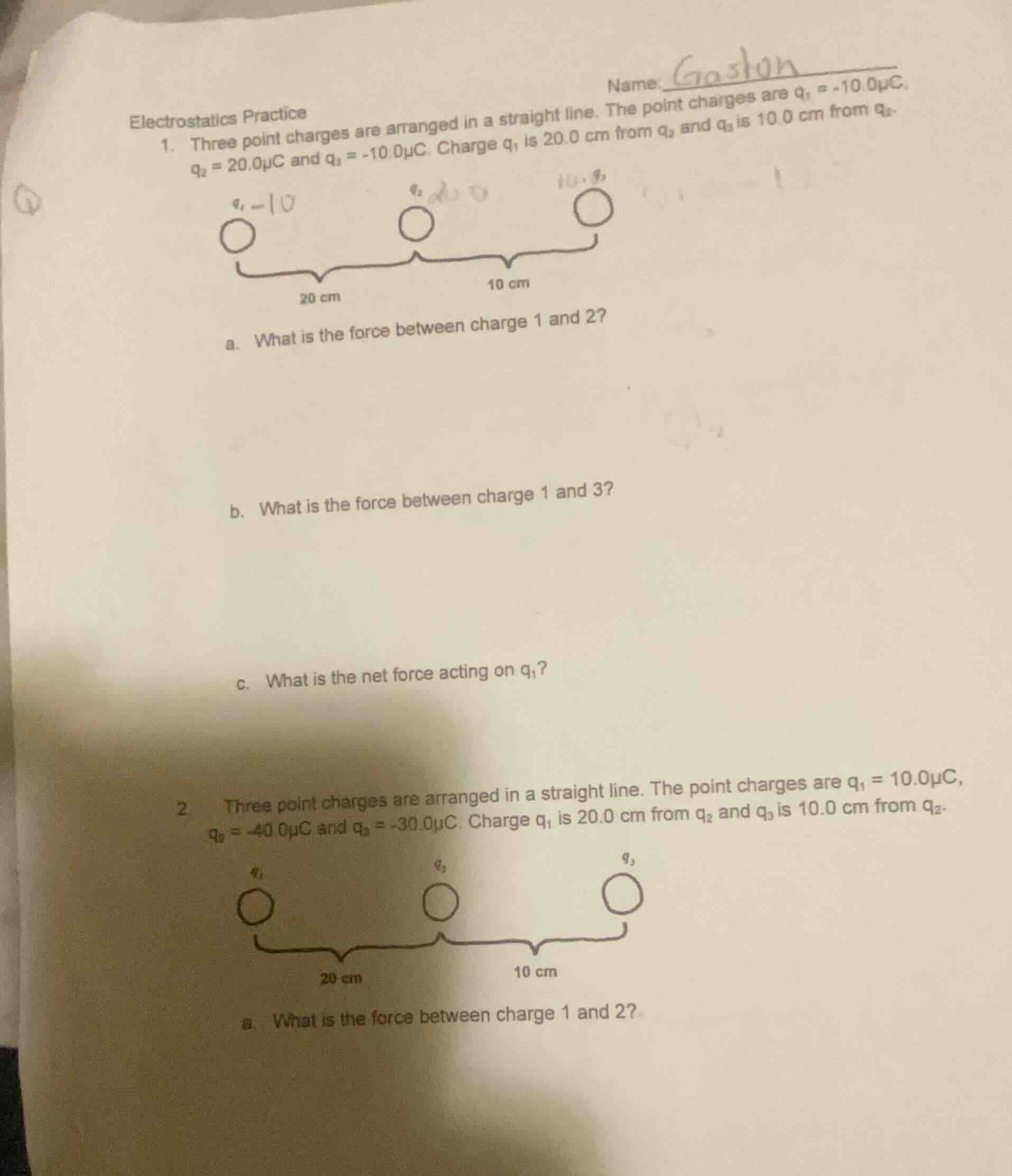 electrostatics practice 1. three point charges are arranged in a straig…