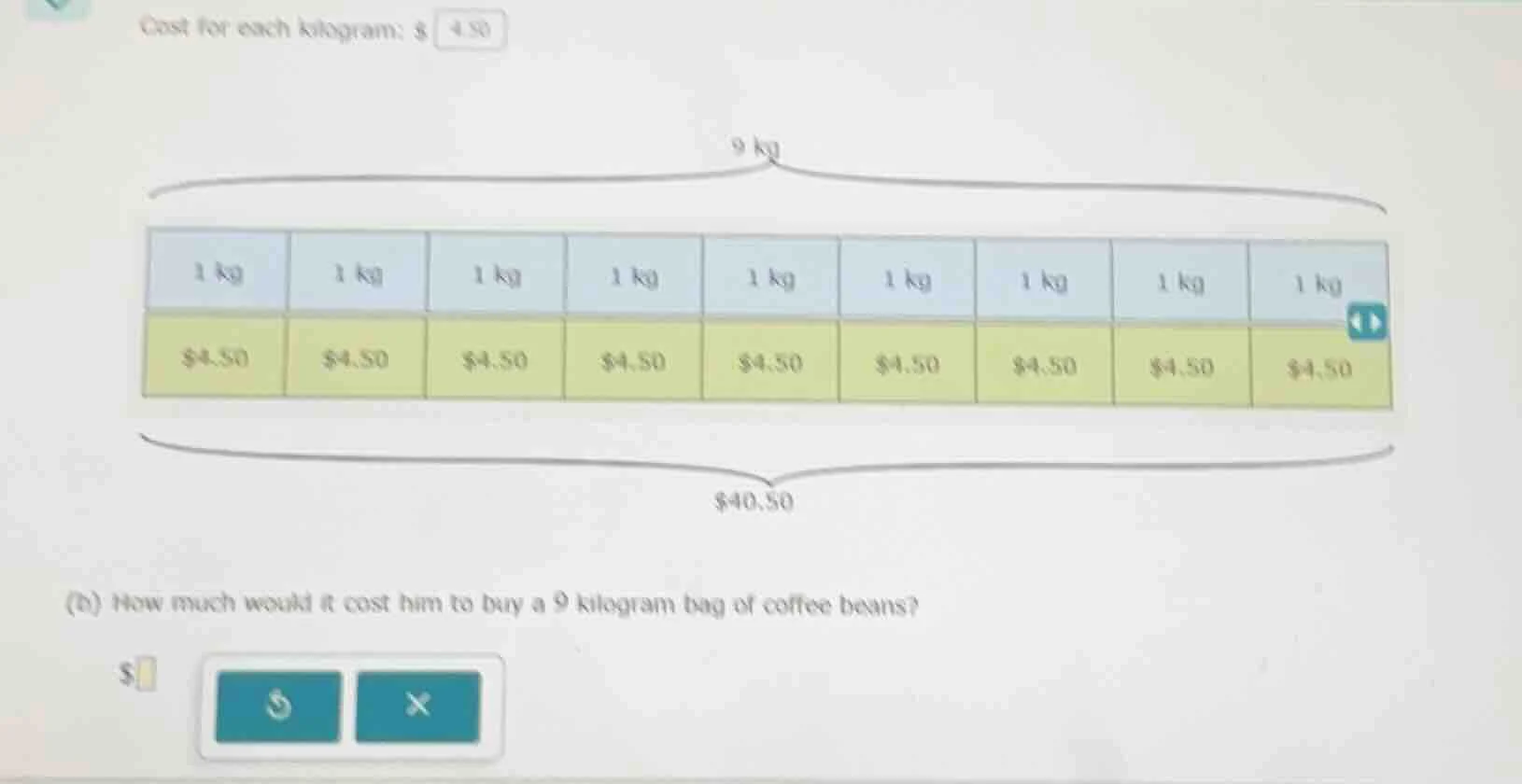 cost for each kilogram: $ 4.50 9 kg 1 kg $4.50 1 kg $4.50 1 kg $4.50 1 …