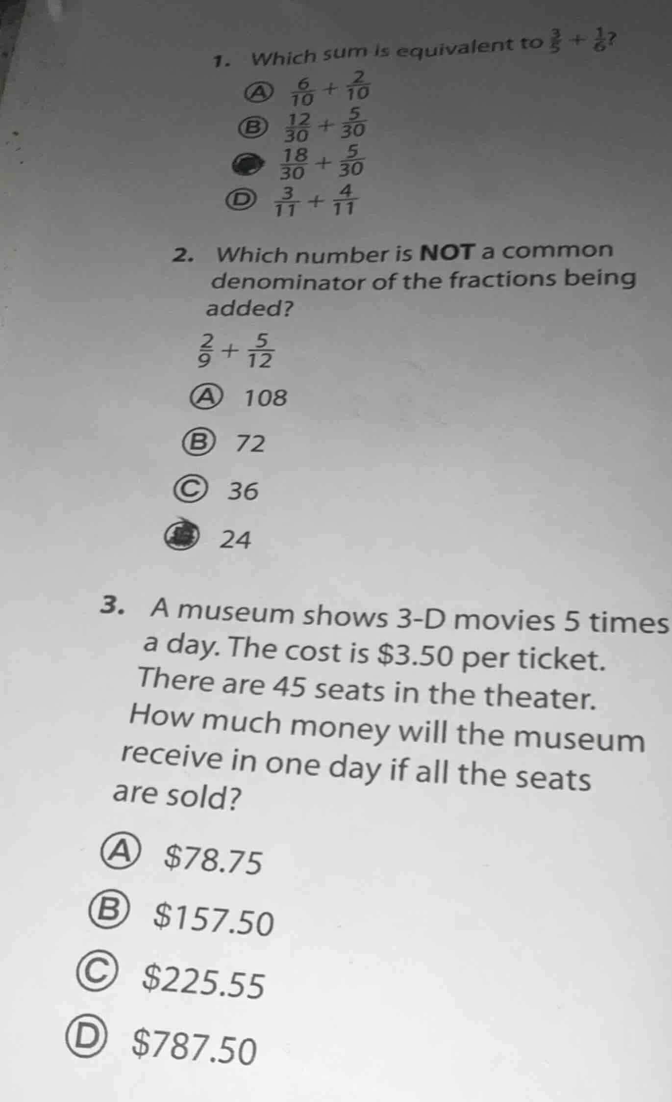 1. which sum is equivalent to \\(\\frac{3}{5} + \\frac{1}{6}\\)? a \\(\…