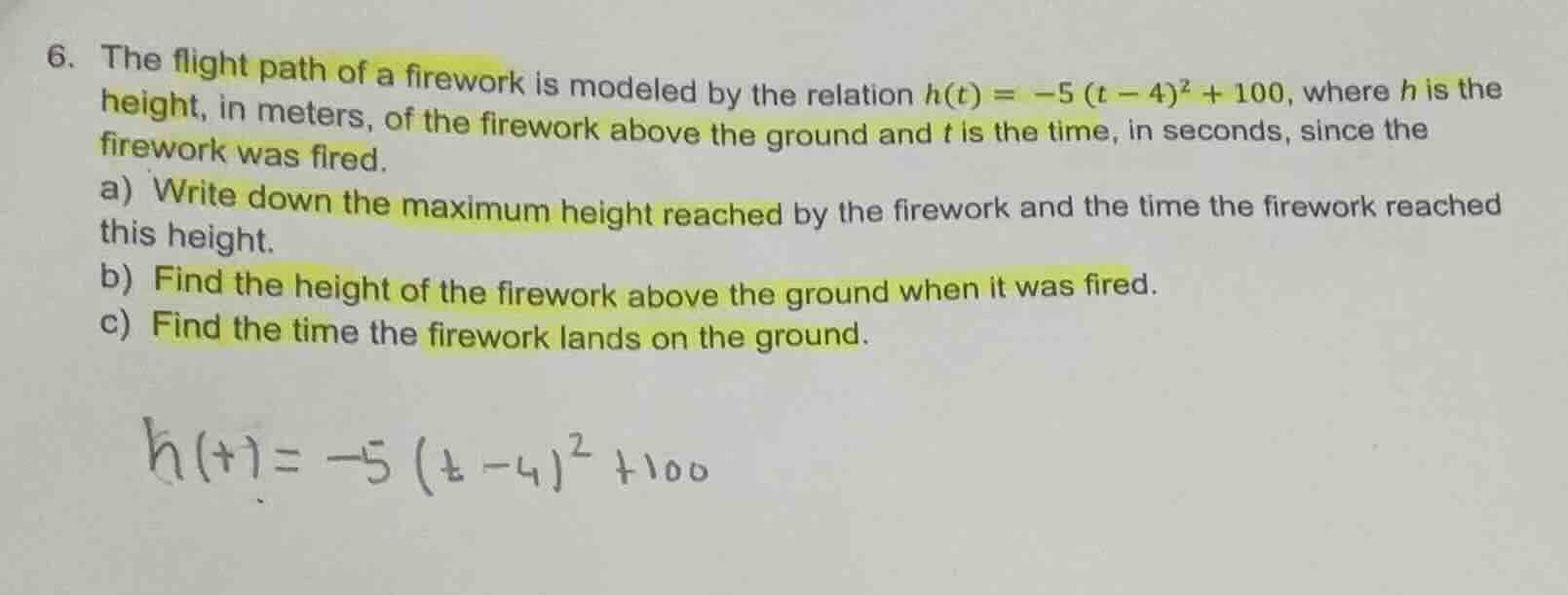 6. the flight path of a firework is modeled by the relation $h(t) = -5(…