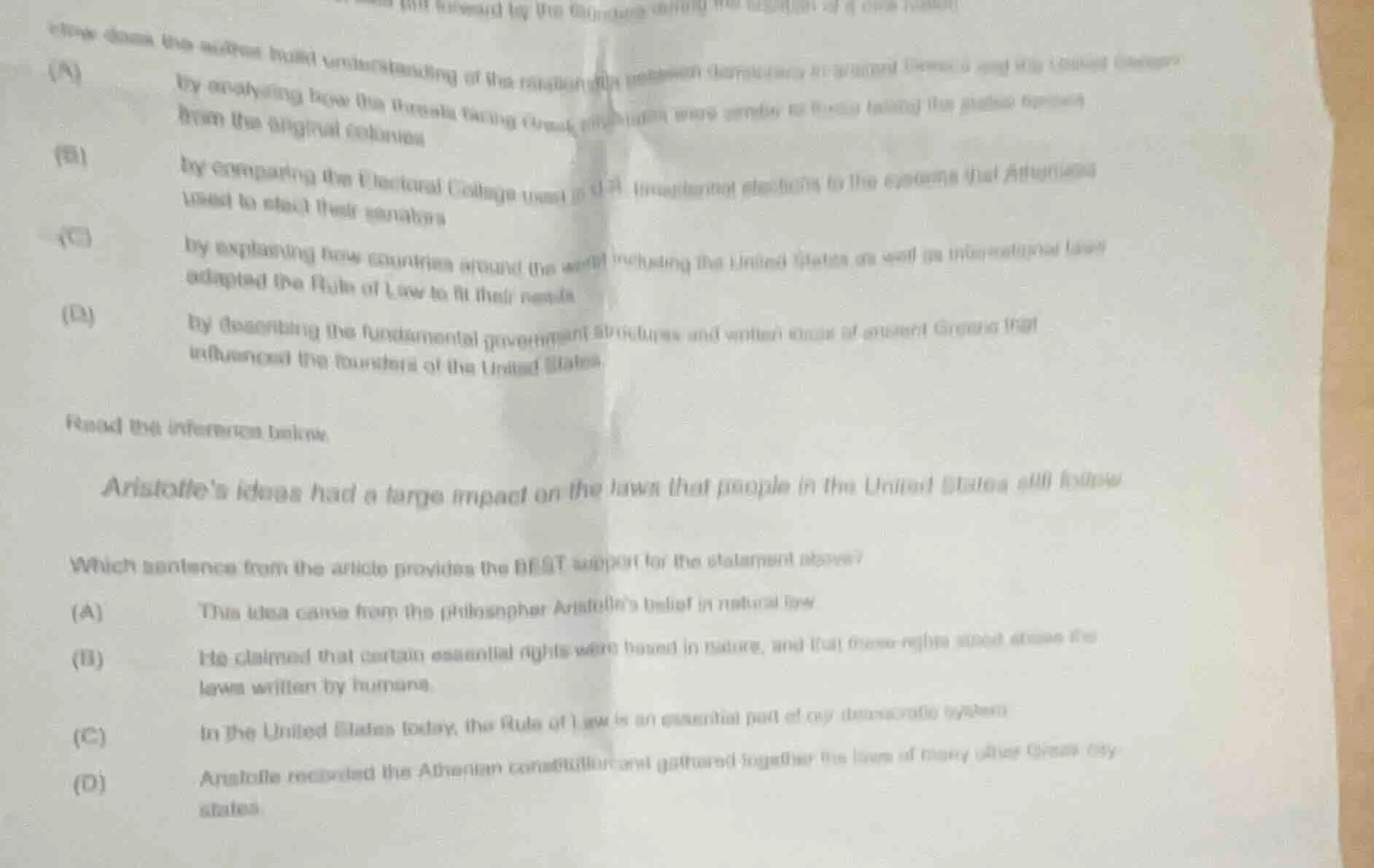 read the inference below. aristotle’s ideas had a large impact on the l…