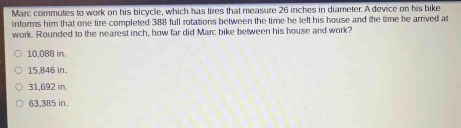 marc commutes to work on his bicycle, which has tires that measure 26 i…
