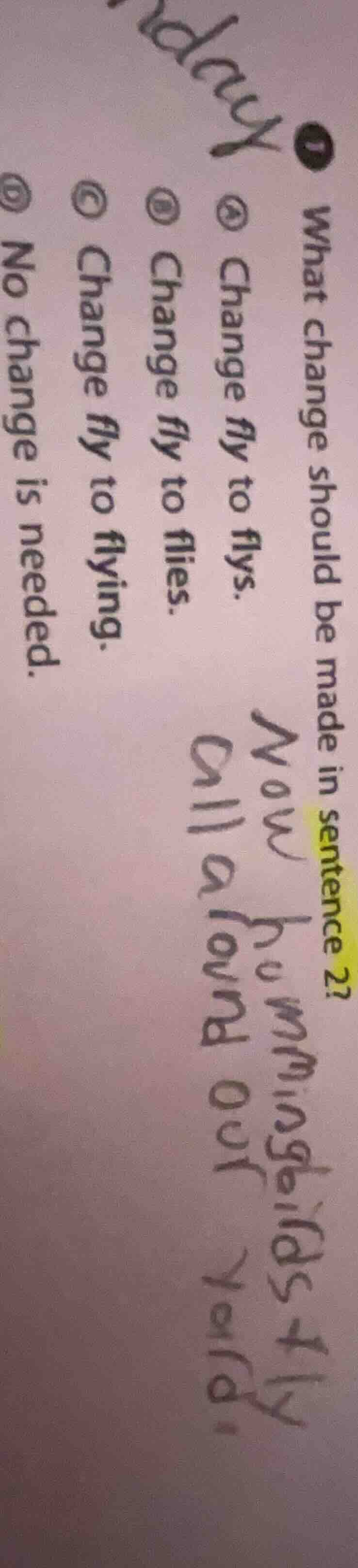 1 what change should be made in sentence 2? a change fly to flys. b cha…