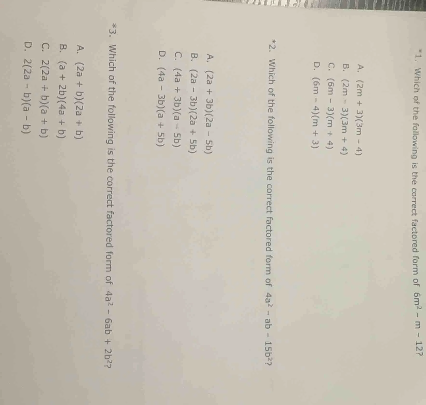 *1. which of the following is the correct factored form of $6m^2 - m - …