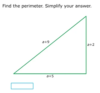 find the perimeter. simplify your answer. triangle with sides labeled: …