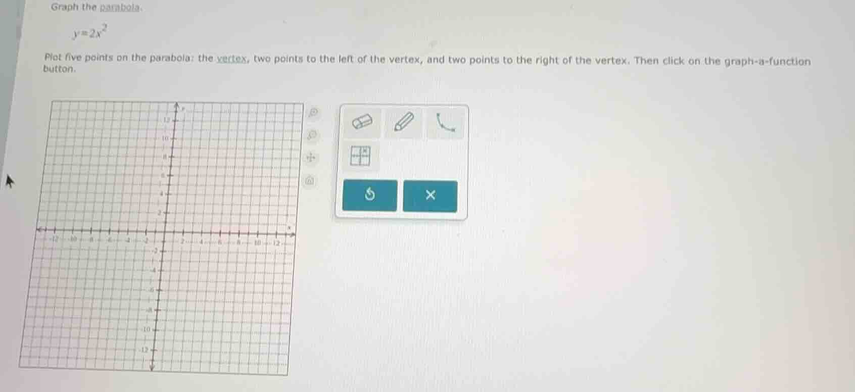 graph the parabola. $y = 2x^2$ plot five points on the parabola: the ve…