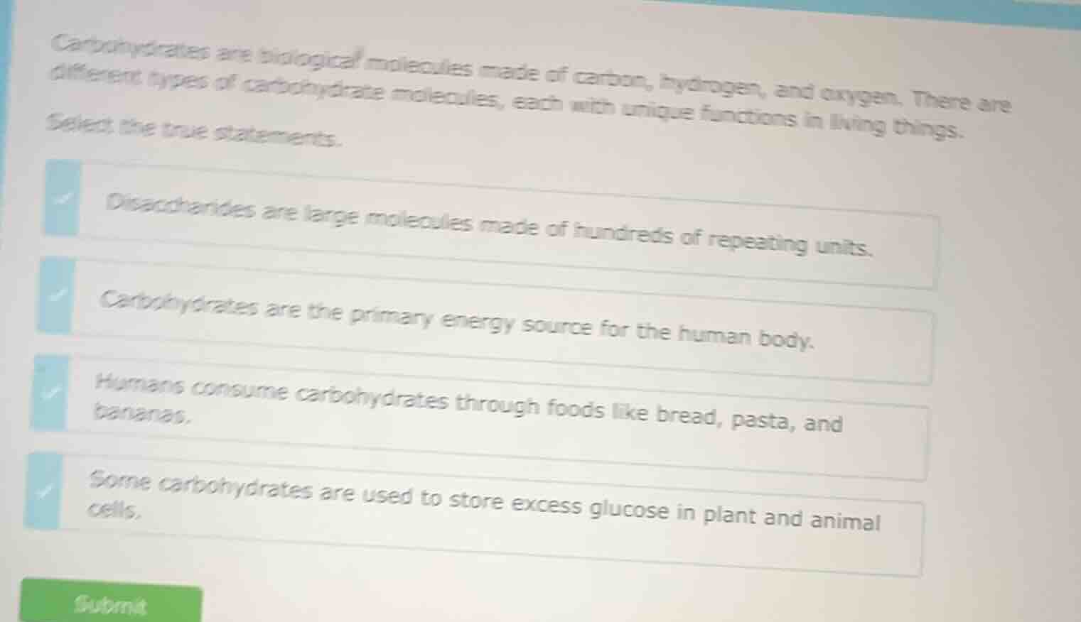 carbohydrates are biological molecules made of carbon, hydrogen, and ox…