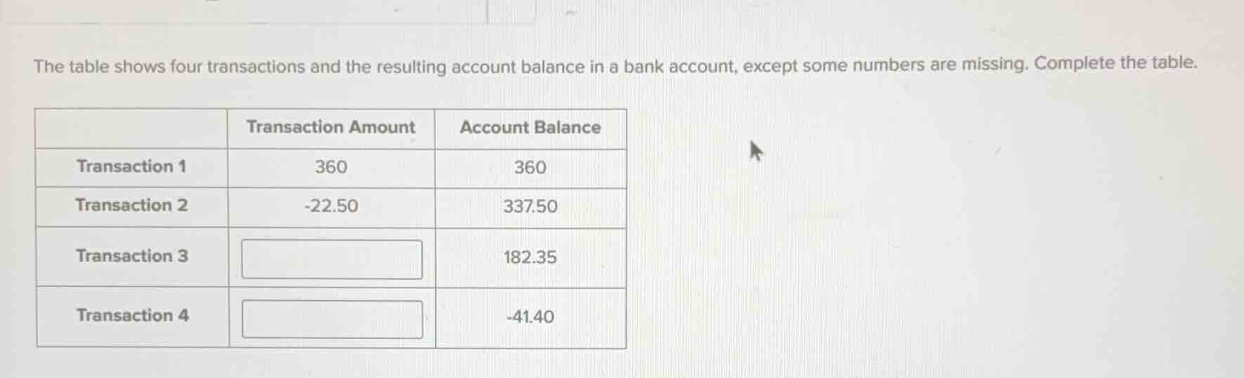 the table shows four transactions and the resulting account balance in …